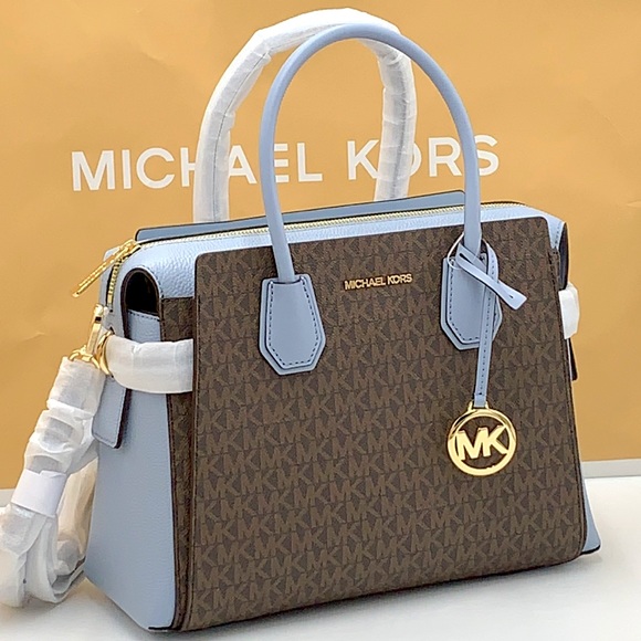 Michael Kors Handbags - MICHAEL KORS MERCER MEDIUM TOP ZIP BELTED SATCHEL BROWN/ PALE BLUE SIGNATURE